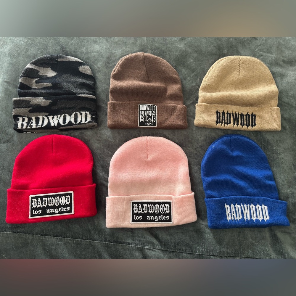 Badwood 
6 Beanies 

Pink beanie has some fading